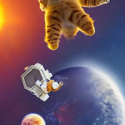 Image similar to Next to the James Webb Telescope in outer space, an action sequence of an astronaut ((cream colored Maine Coon kitten)) space walk, an unopened bag of kitty litter floats nearby, in the background friendly cute cute cute alien spacecraft, highly realistic, 4K, 8K, road trip