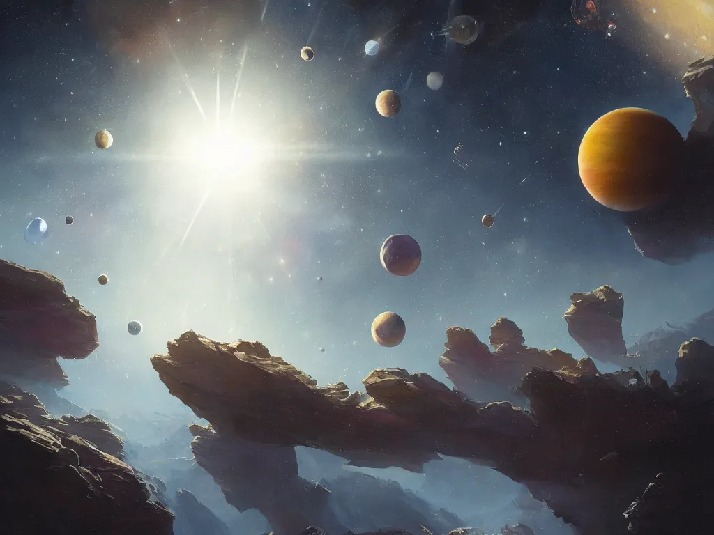 Prompt: A beautiful painting of a five planets, shining its light by greg rutkowski and thomas kinkade, There are five planets that are black, white, yellow, red, and blue, behind the galaxy and the universe, Trending on artstation