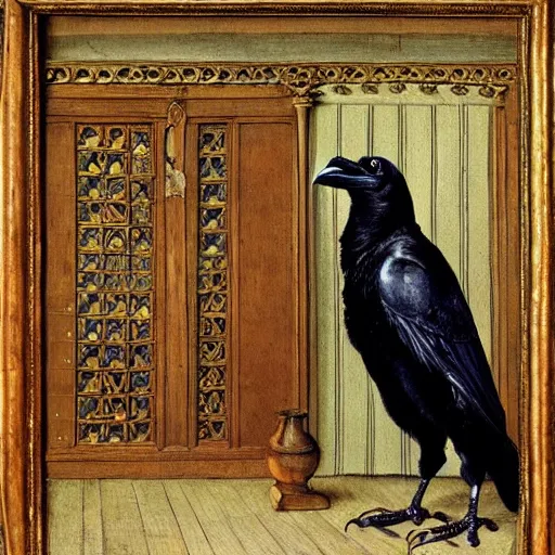 Prompt: a highly detailed painting of a raven dressed as an elegant tudor gentleman, in a richly appointed medieval room, by hans holbein