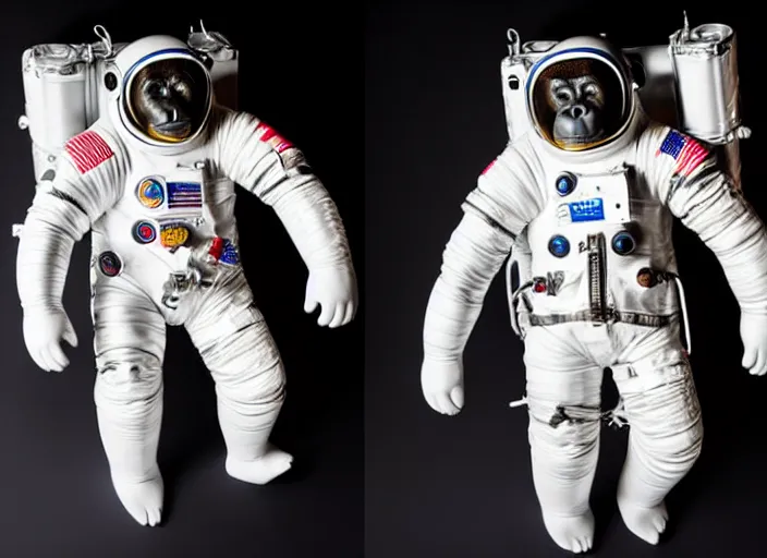 Image similar to studio photo still of a full body gorilla in a space suit, 8 k, studio lighting, key light from right side,