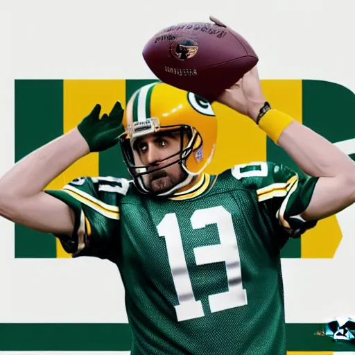 Image similar to Angelinie Jolie as Aaron Rodgers, film poster, cinematic lighting, green bay packers, NFL, 8k HDR, 35mm sideline photograph