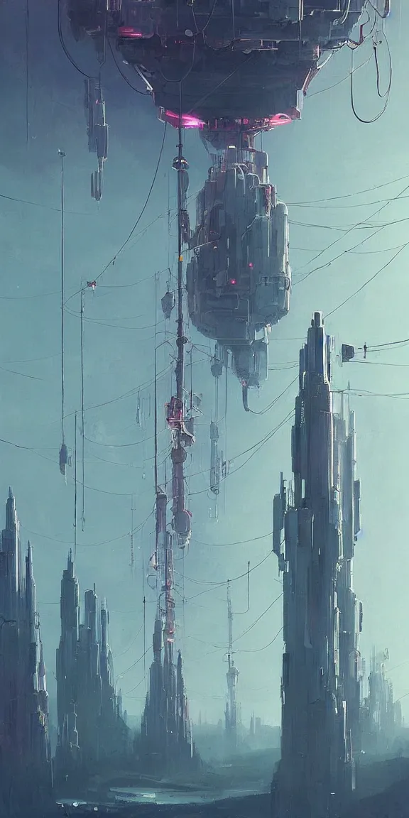 Image similar to tall space elevator with long tendrils, lots of hanging cables and antennas, sci - fi concept art, by john harris, by simon stalenhag, stunning, award winning