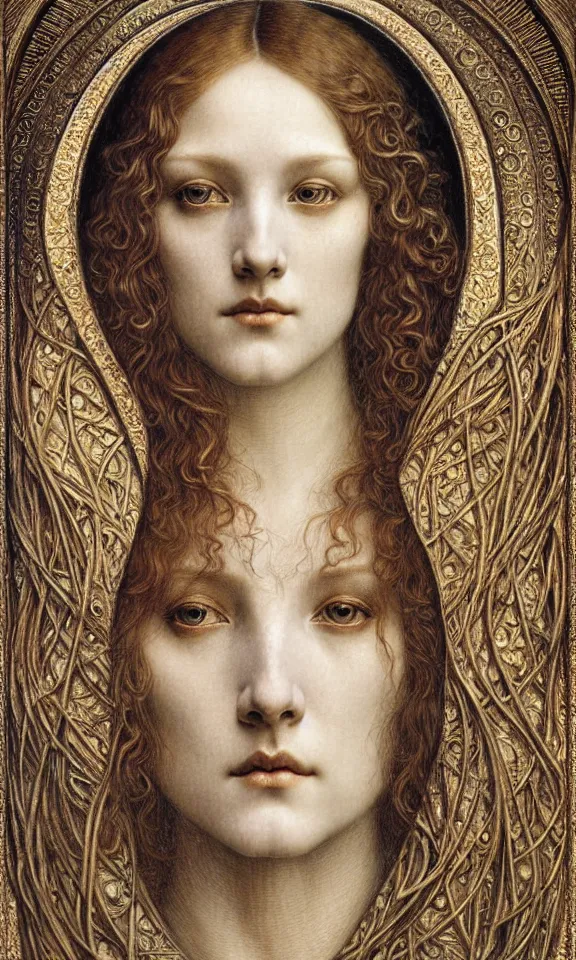 Image similar to detailed realistic beautiful young medieval queen face portrait by jean delville, gustave dore and marco mazzoni, art nouveau, symbolist, visionary, gothic, pre - raphaelite. horizontal symmetry