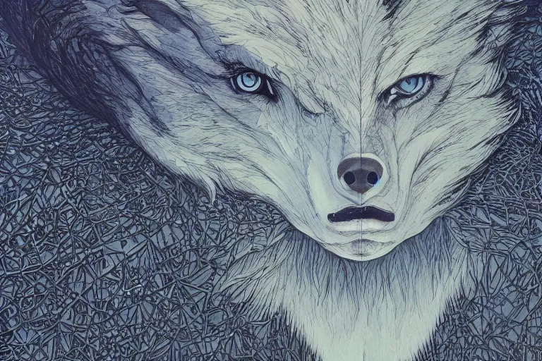 Image similar to werewolf portrait, balenciag intricate complexity. matte paper, cut paper texture. by Jeffrey Catherine Jones, James jean, Miho Hirano, Hayao Miyazaki, coarse gritby. Full of light-blue and silver and white layers. Exquisite detail 8K