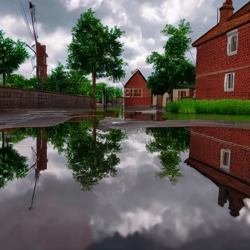 Image similar to still photo of rain puddles and reflections in a village, cloudy weather, highly detailed, photorealistic shot, bright studio setting, studio lighting, crisp quality and light reflections, unreal engine 5 quality render