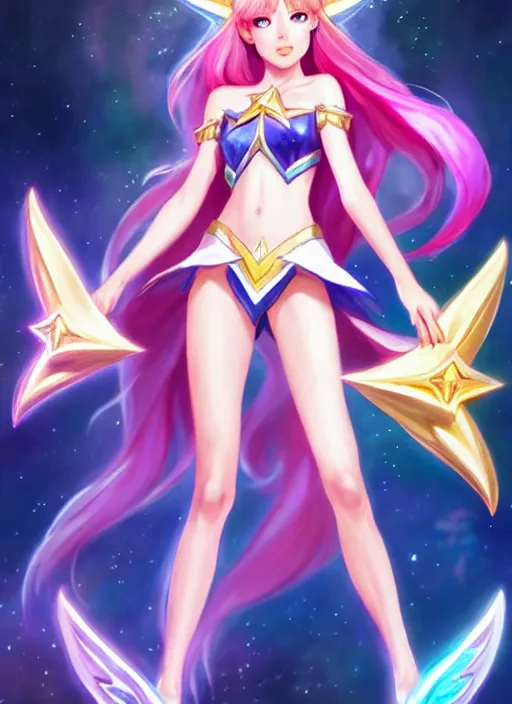 Image similar to full body portrait of a magical star guardian. detailed face, concept art, intricate, highly detailed 8 k, smooth, sharp focus, beautiful and aesthetic shape of face and body, artgerm, artstation, art by zexi guo and nira and junpei suzuki and gharliera and rinotuna