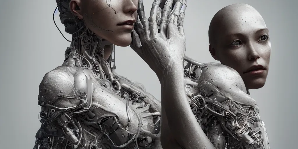 Image similar to hyper realistic photography of a beautiful cyborg female, intimate holding close, in the style of beth cavener, jin kagetsu, wlop, westworld, highly detailed, intricate filigree, symmetry, masterpiece, concept art, highkey lighting, ambient lighting, octane render, 8 k, artstation