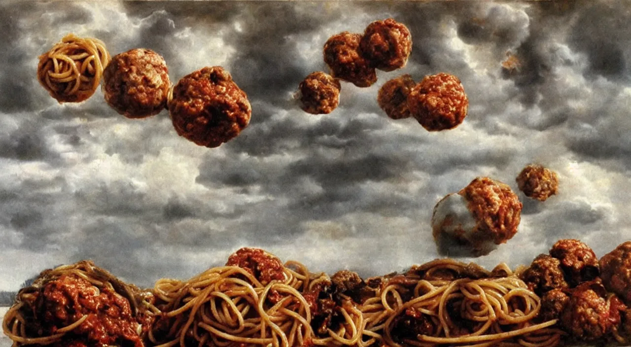 Image similar to spaghetti bolognesa with meatballs and hundred rusted perfect woman bodies flying in stormy clouds by dali, hyper - realism