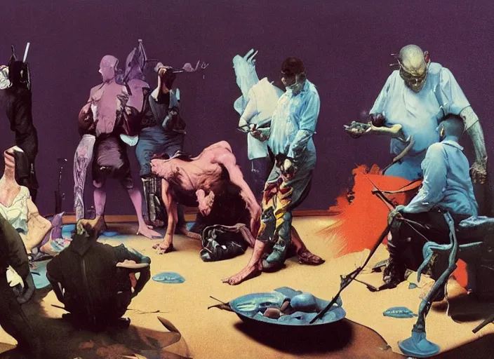 Image similar to a still from the tv series law and order by francis bacon and norman rockwell and james jean, and mark brooks, triadic color scheme, by greg rutkowski, syd mead and edward hopper and norman rockwell and beksinski, dark surrealism, purple and orange and turquoise