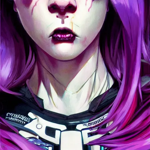 Image similar to cyborg girl with fangs, purple and pink hair, realistic shaded lighting poster by ilya kuvshinov katsuhiro otomo, magali villeneuve, artgerm, jeremy lipkin and michael garmash and rob rey