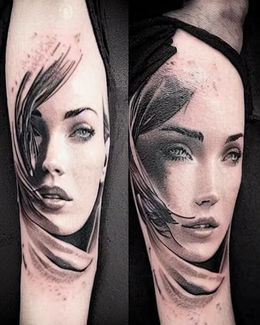 Image similar to creative double exposure effect tattoo design sketch of megan fox faded in beautiful mountain scenery, realism tattoo, in the style of matteo pasqualin, amazing detail, sharp