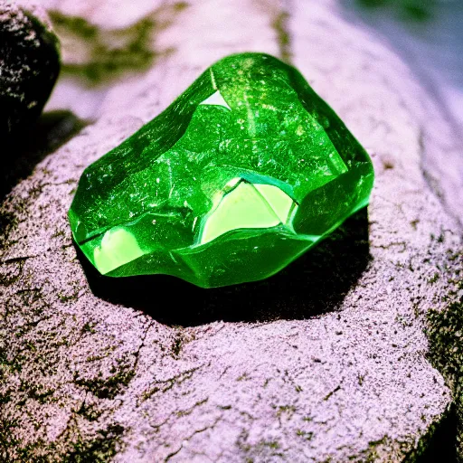 Prompt: photo of rare transparent rock with green glow, cinestill, 800t, 35mm, full-HD