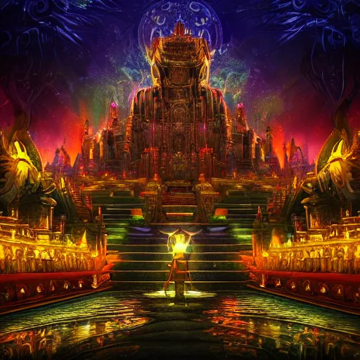 Prompt: a biggest temple of the universe in the magical world, magical creatures worshipping their god, sharp image , photo realistic, foggy ,hyperreal, hyperdetailed, 8k , glowing effect