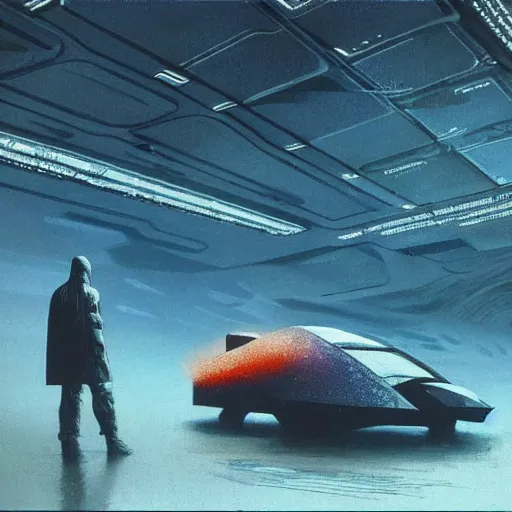 Prompt: scene from bladerunner 2 0 4 9 movie, syd mead artlilery spaceship lands in an alien landscape, filigree ornaments, volumetric lights, syd mead, beksinski