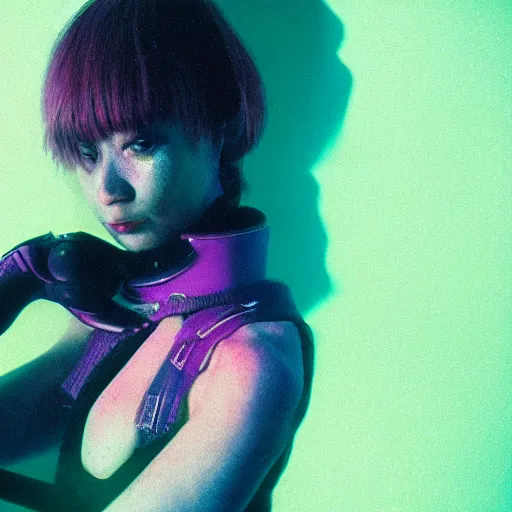 Prompt: Portrait photo of a cyberpunk woman, studio lighting, highly detailed, cinestill 800t