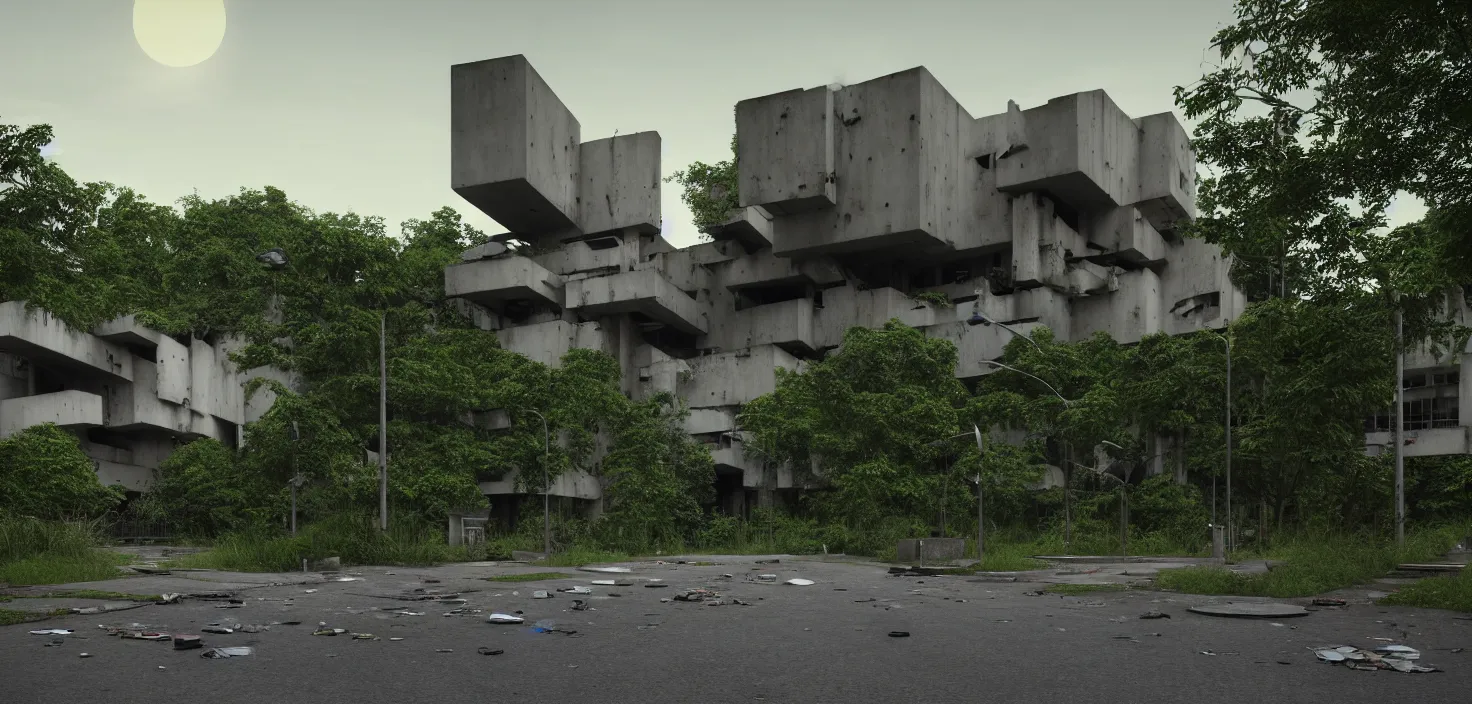 Prompt: a street view of an extremely detailed arts center of brutalist architecture by Le Corbusier, abandoned, empty streetscapes, surrounded by lush green jungle, ground-level view, natural volumetric lighting, sunset, rusted steel, solid concrete, glass, stunning skies, scattered rubbish and debris, 8k, photorealistic, hyper detailed, unreal engine 5, IMAX quality, cinematic quality, beautifully illustrated, sharp focus, minimal artifacts, from DOOM, by Greg Rutkowski, trending on Artstation
