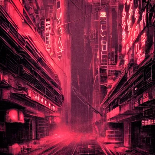 Prompt: red neon signs, the absolute core of the heart of the hard system heavy, fog, japanese, mega structure, 3 d, dystopian, metropolis, intricate, detailed, retrofuturism, dark, cinematic, dramatic light, tsutomu nihei style, symbolism