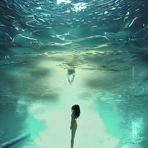 Prompt: digital art of looking up from underwater watching people swim, hyper realistic, detailed, intricate, beautiful, ambient, deep lighting, Artstation