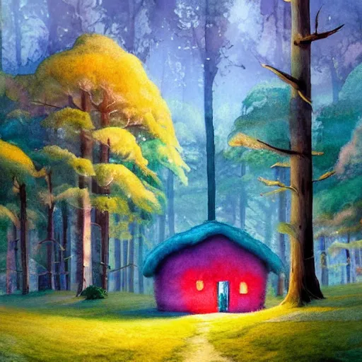 Prompt: a watercolor art in shape of wool felting small wooden house in the middle of spring forest, bright colours, children illustration, 4 k, matte painting, by rhads