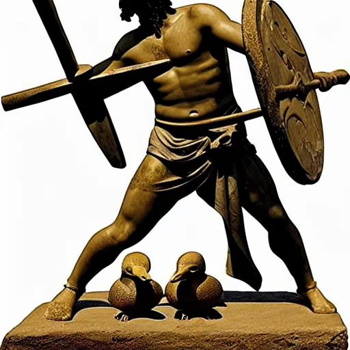 Image similar to greek warriors fighting, against ducks!!!, ancient greek statue, epic, detailled