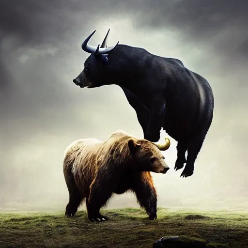 Prompt: a bear fighting a bull, magical forest, fantasy, Ireland, England, king Arthur, Lord of the rings, cinematic, realistic style, beautiful, majestic, dramatic lighting, early morning, dawn CGsociety, realistic, hyper maximalist, golden ratio, octane render, rule of thirds, wide shot , 8k resolution, epic volumetric light, cinematography, concept art, Artstation trending, environments, fantasy