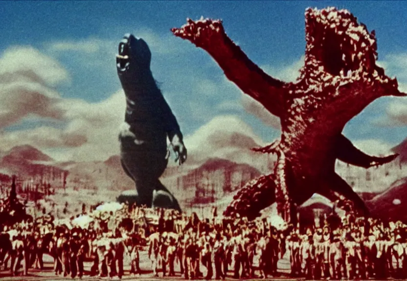 Image similar to Pulgasari the North Korean monster, volumetric lighting, filmstill, produced by Kim Jong-il, Kodachrome, kaiju-eiga, starfish monster movie, communist propaganda, film noir, 35mm film grain, Cooke Varotal 20-100mm T3.1