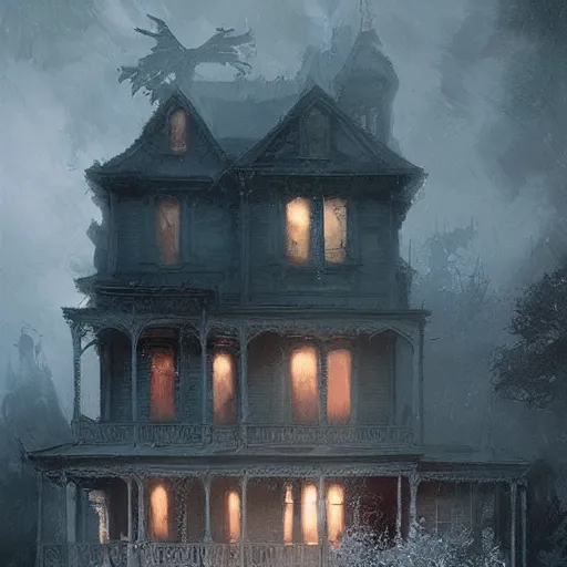 Image similar to exterior of haunted victorian house with ghosts, horror, by greg rutkowski