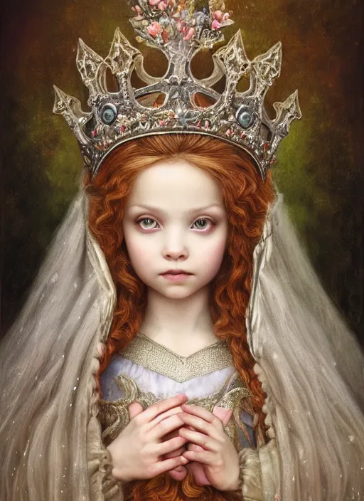 Image similar to highly detailed closeup portrait of a fairytale medieval princess wearing a crown and sitting on a throne, unreal engine, nicoletta ceccoli, mark ryden, earl norem, lostfish, global illumination, god rays, detailed and intricate environment