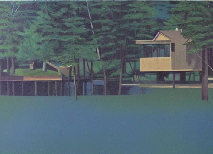 Image similar to a 1 9 7 0 s modern lake retreat in new england, oil on canvas by robert bechtle, 1 9 7 0 s