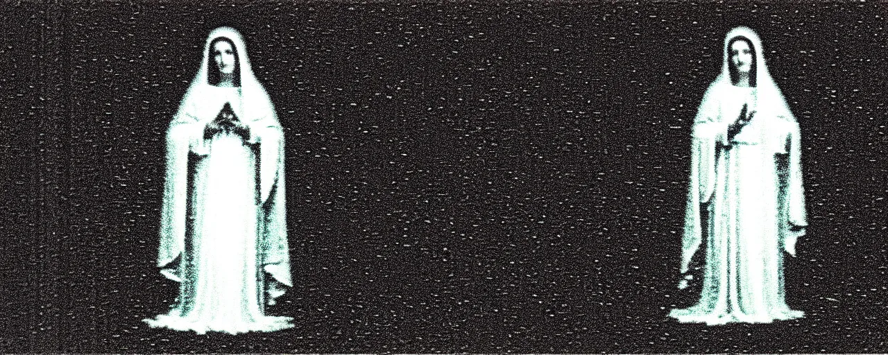 Image similar to vhs static overlay of marian apparition, vhs, 1 9 9 0, highly realistic, highly detailed, vhs noise static, black and white, vhs glitch