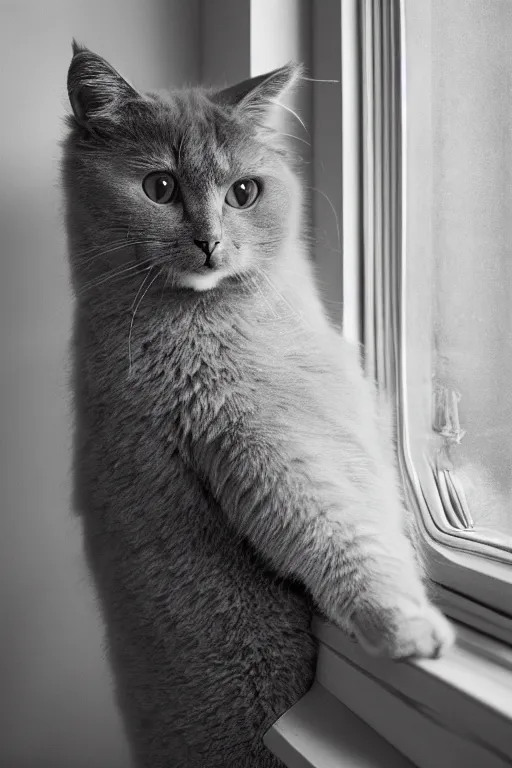 Image similar to “ fluffy grey cat turning head to look out the window while lying on tree, cozy living room, warm, cotton, dramatic lighting, extremely high quality, leica m - a, lux 3 5 fle, portra 8 0 0 ”