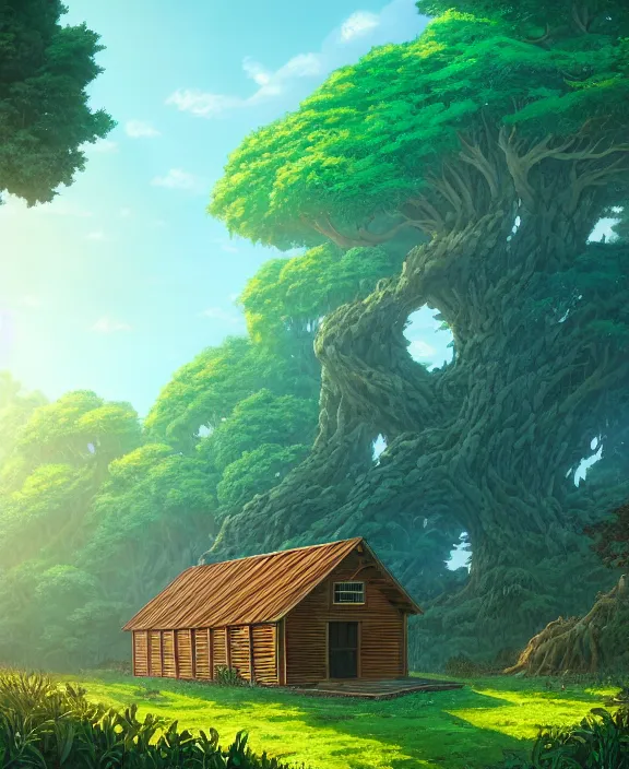 Prompt: a large, simple, schoolhouse made from exotic leaves, overgrown with huge exotic fungus, deep in the woods, sun drenched, partly cloudy, by dan mumford, yusuke murata, makoto shinkai, ross tran, cinematic, unreal engine, cel shaded, featured on artstation, pixiv