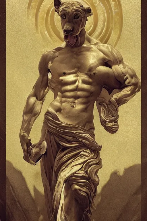 Image similar to Dog as a Greek god, detailed face, greek statue, gorgeous, amazing, muscular, fit, very muscular male body, intricate, highly detailed, digital painting, artstation, concept art, sharp focus, illustration, art by greg rutkowski beeple and alphonse mucha