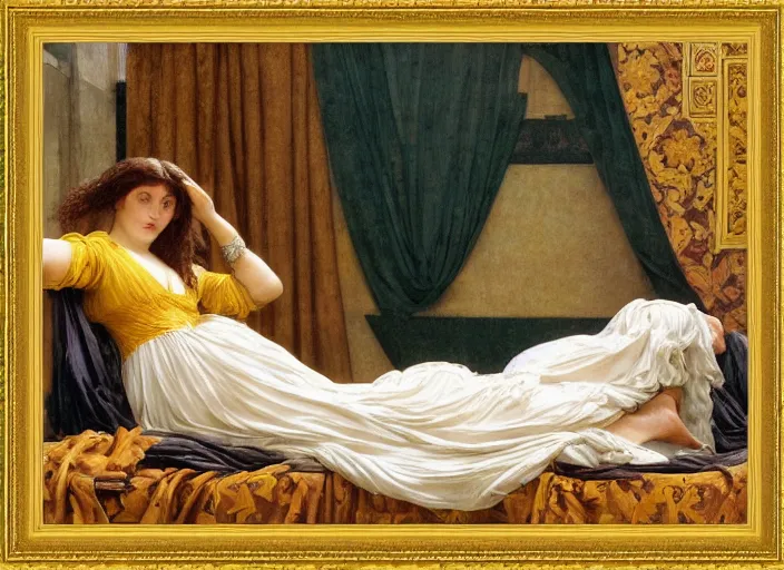 Image similar to portrait of raven reclining on bed wearing yellow ochre ornate medieval dress, foreshortening, framed, preraphaelite colour photography by frederic leighton, william morris, 8 k