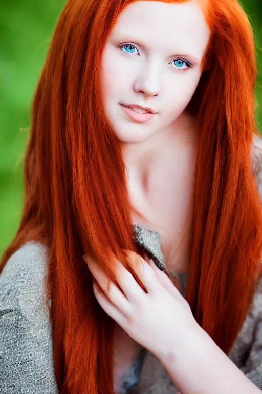 Prompt: a portrait of a redhead beautiful girl, green eyes, highly detailed, 3 5 mm f 1. 4 background silver fir