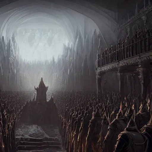 Image similar to coronation of medieval king, Dynamic lighting, cinematic, establishing shot, extremely high detail, foto realistic, cinematic lighting, pen and ink, intricate line drawings, post processed, concept art, artstation, matte painting, style by Raphael Lacoste, Eddie Mendoza