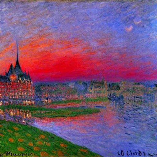 Image similar to quebec city!!! by claude monet! red sky!! misty!! fog! realistic! mysterious!!-H 800 - W 1080