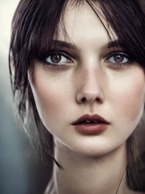 Image similar to hyperdetailed photo of a beautiful ukrainian girl with brown eyes and dark bob hairstyle, winds of winter, au naturel, cinematic lighting, studio quality