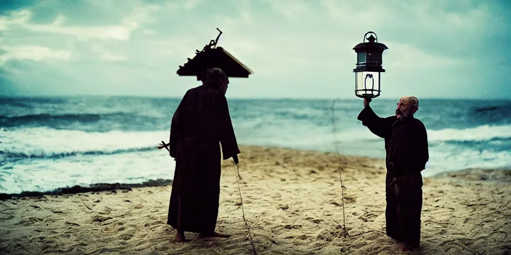 Image similar to film still of closeup old man holding up lantern by his beach hut at night. pirate ship in the ocean by emmanuel lubezki