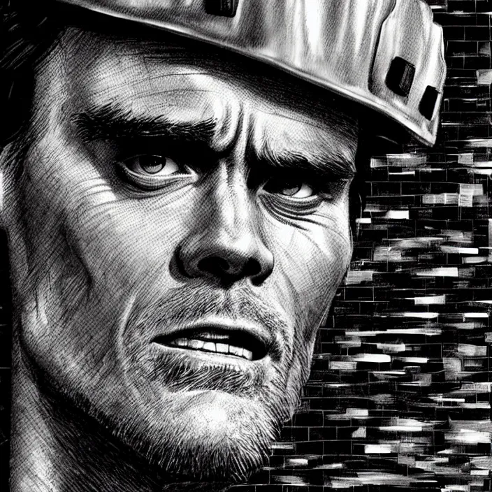 Image similar to extreme close - up on jim carrey as a miner : background : black tiles on walls. black and white, pencil and ink. by gabriel hardman, joe alves, chris bonura. cinematic atmosphere, detailed and intricate, perfect anatomy