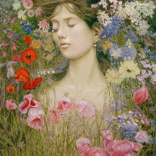 Image similar to This painting is a large canvas, covered in a wash of color. In the center is a cluster of flowers, their petals curling and twisting in on themselves. The effect is ethereal and dreamlike, and the overall effect is one of serenity and peace. caput mortuum, chalk art by W. Heath Robinson, by Albert Bierstadt, by Abbott Fuller Graves AWESOME, detailed