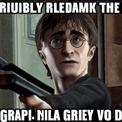 Image similar to harry potter robbing a bank, holding rifle in style of gta v grand theft auto