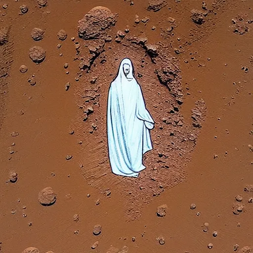 Prompt: wispy virgin mary image in mars soil