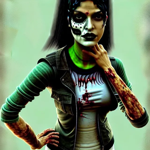 Prompt: epic professional digital airbrushed portrait art of an attractive and athletic, very slightly curvy, mid-20s East Indian supermodel emo female zombie wearing a slightly torn tee shirt under a leather jacket, with deep green eyes, scary portrait, walking dead, best on artstation, cgsociety, wlop, Behance, pixiv, cosmic, epic, stunning, gorgeous,, masterpiece by Dorian Cleavanger and Stanley Lau