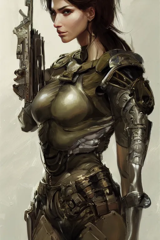 Image similar to a professionally painted portrait of an attractive young woman, clothed in military armor, olive skin, long dark hair, beautiful bone structure, symmetrical facial features, intricate, elegant, digital painting, trending on Artstation, concept art, smooth, sharp focus, illustration, from Metal Gear by Ruan Jia and Mandy Jurgens and Artgerm and William-Adolphe Bouguerea, award winning