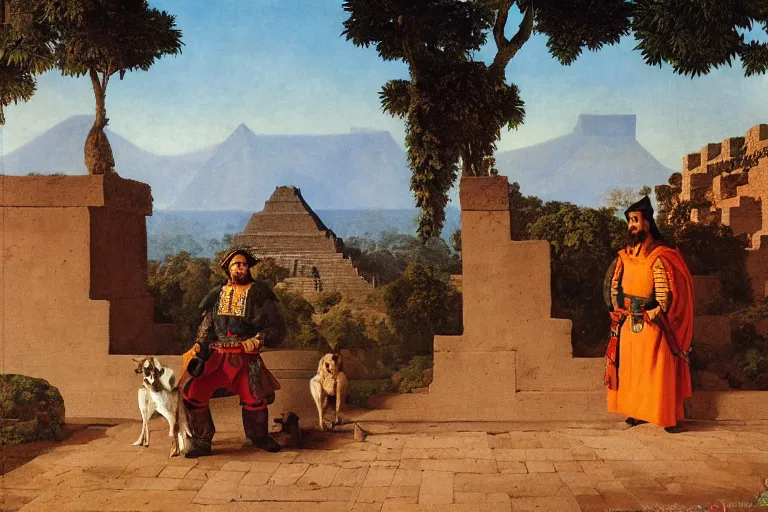 Image similar to painting of a spanish conquistador with a dog, at the aztec pyramids, jungle, sunset, chill, romantic, by ludwig deutsch and maxfield parrish, patterned tilework, extremely detailed, cinematic lighting, smooth sharp focus