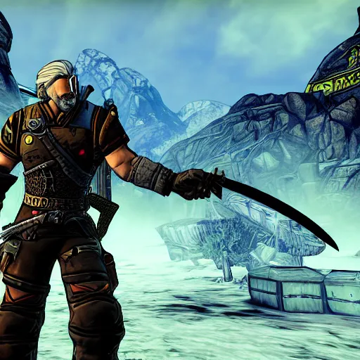 Prompt: Geralt of Rivia in Borderlands 2, screenshot, pc game