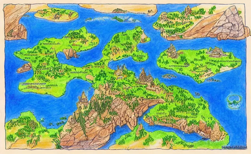 Image similar to fantasy island map, drawn with crayons, detailed
