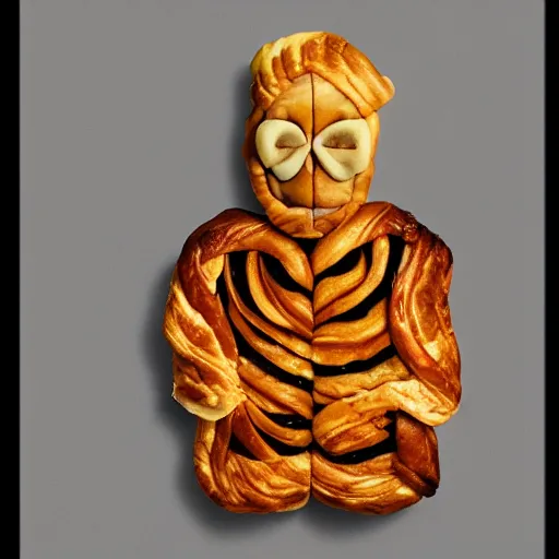 Image similar to Photorealistic man made out of Danish pastry, very angry, studio lighting.