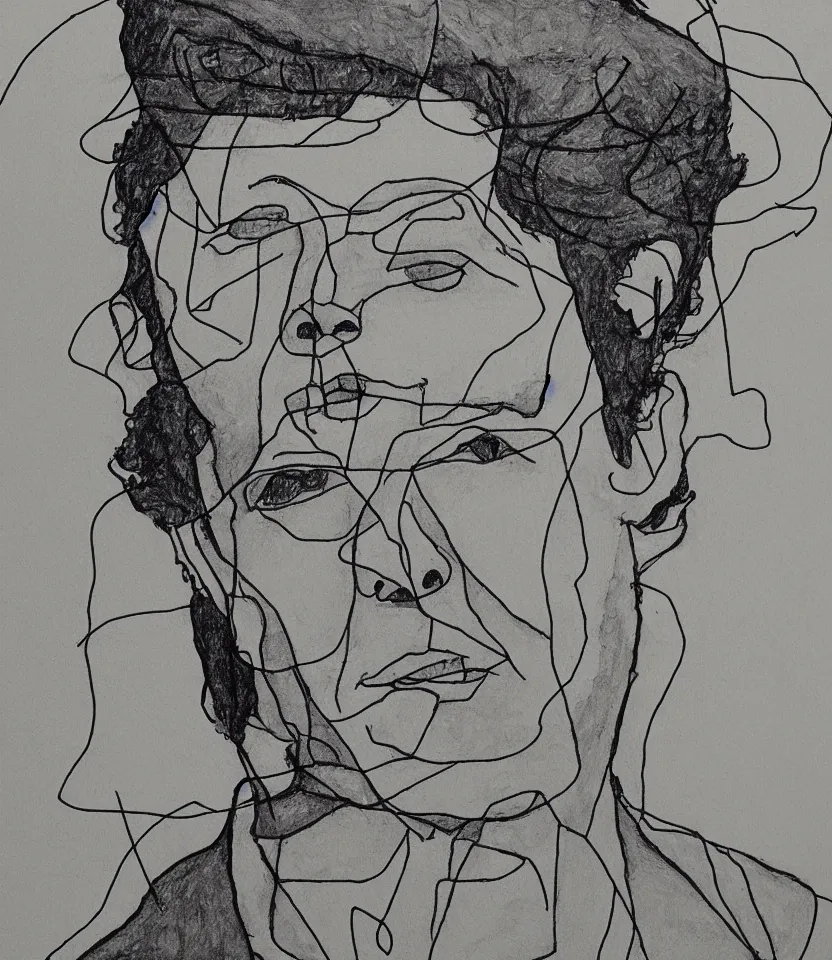 Image similar to minimalist line art portrait of leonard cohen, inspired by egon schiele. contour lines, freestyle twirls and curves, musicality, quick sketch